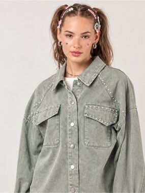 Loveriche Sage Green Studded Oversized Denim Jacket